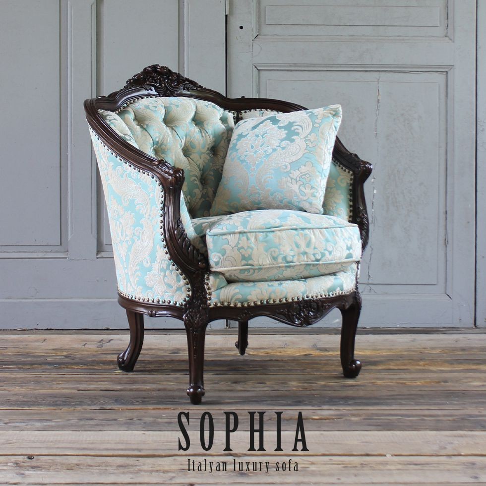 イタリアン ソファ 1人掛け アンティーク ロココ 猫脚 ブルーダマスク