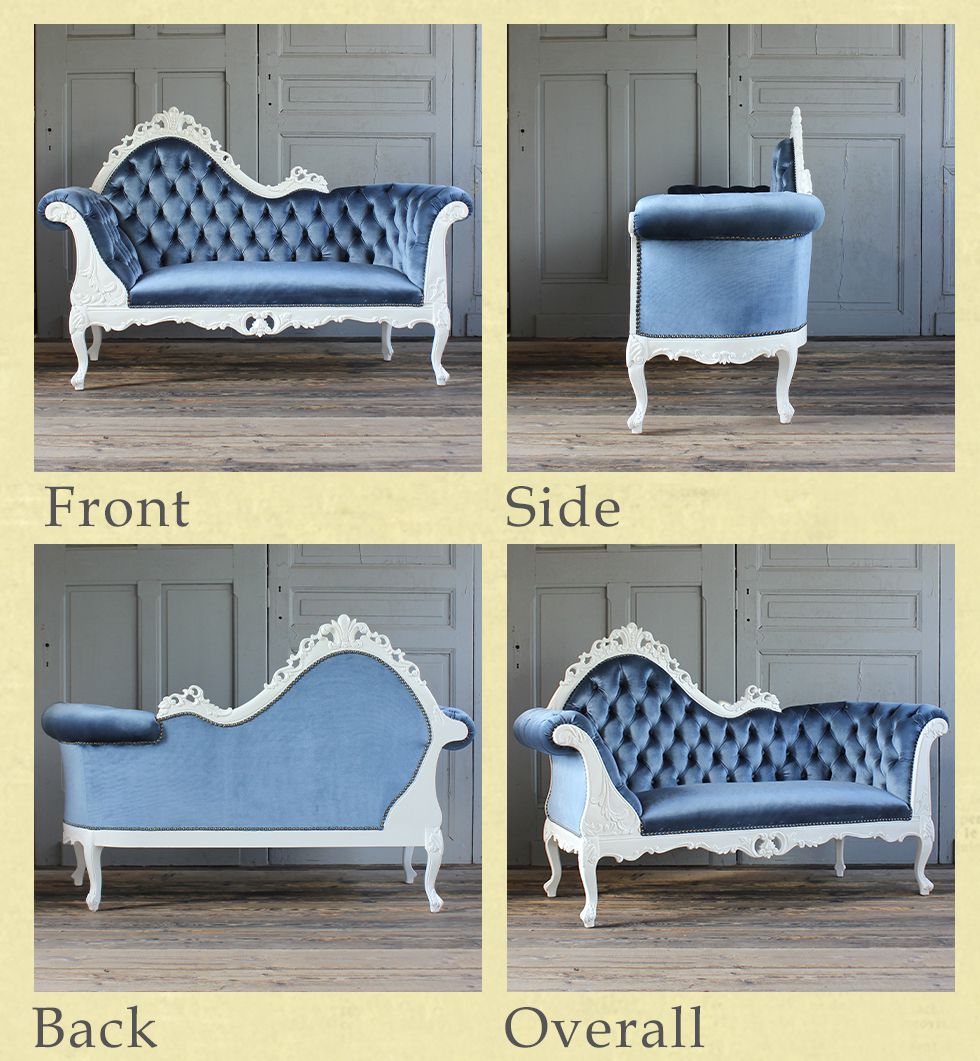 ロココスタイル カウチソファ 幅166cm ブルーベルベット 1073-S-18F92B