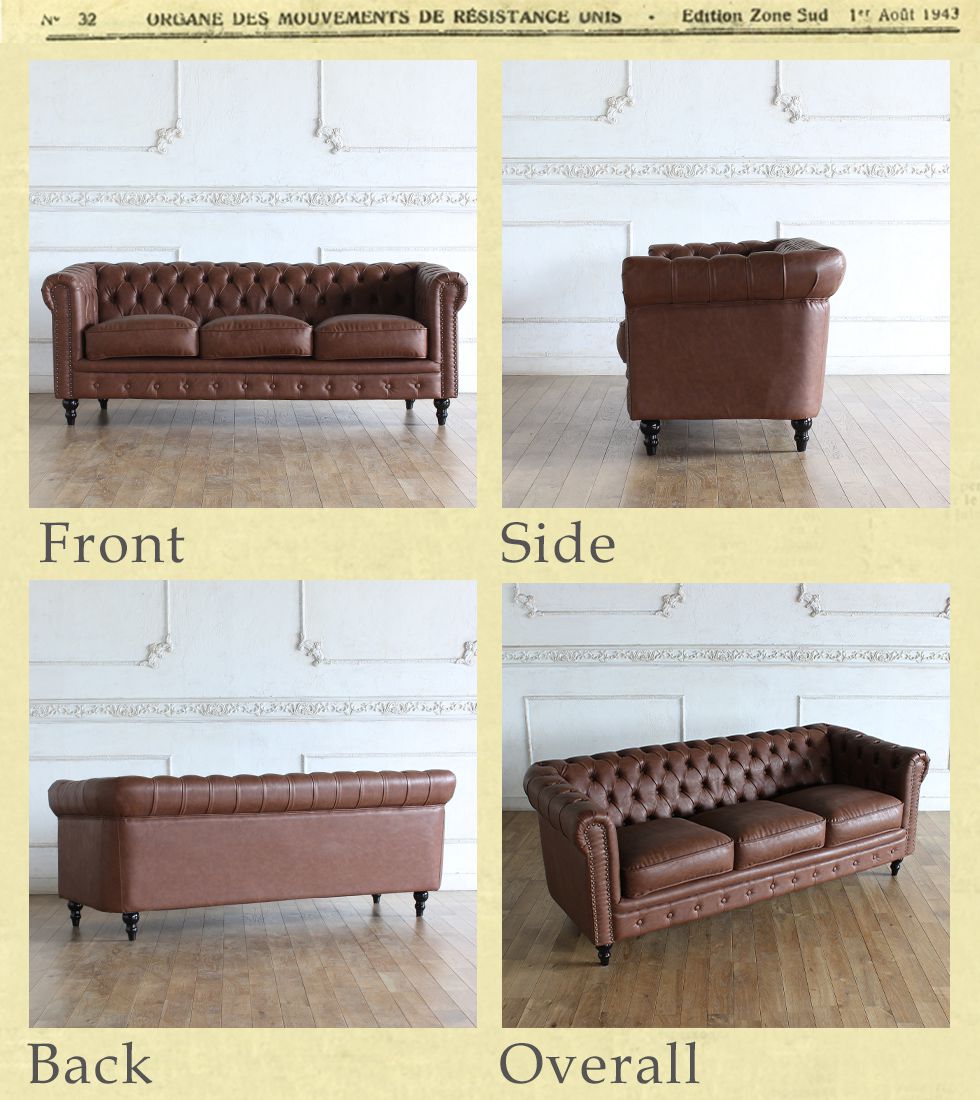 チェスターフィールド ソファ 本物 鋲打ち 英国風 ヴィンセント 3人