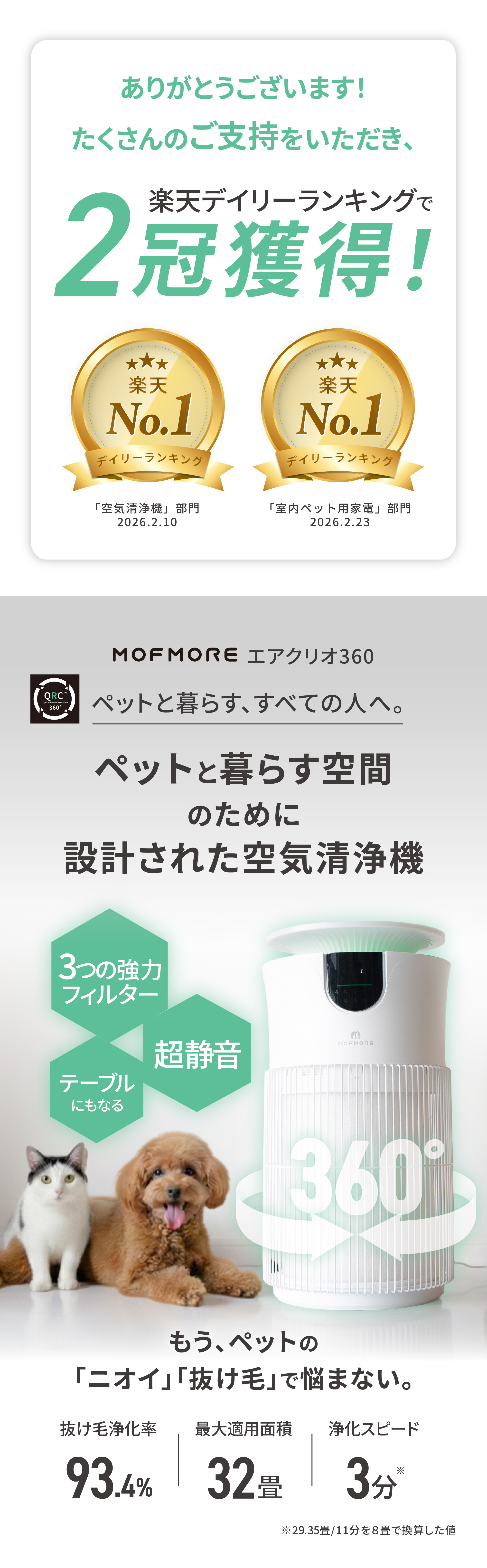 MOFMORE エアクリオ 360【テーブルにもなる】 ペット 空気清浄機 32畳