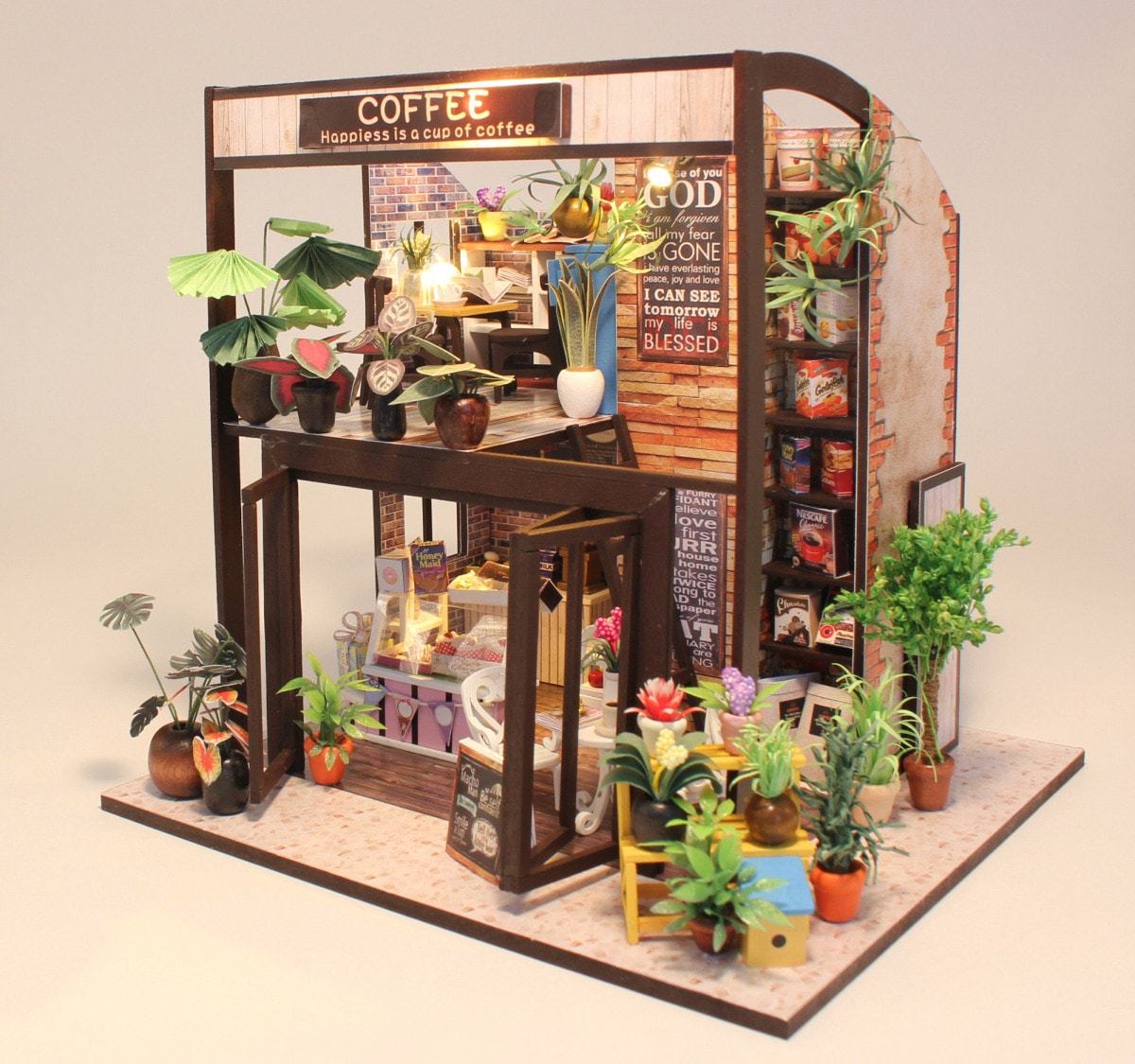 ドールハウス ミニチュア 手作りキット 植物たくさんのコーヒー屋さん | 喫茶店 カフェ 珈琲 二階建て | 中型 | LEDライト+アクリルケース  : 2008dh193 : ドールハウスと雑貨 moin moin - 通販 - Yahoo!ショッピング