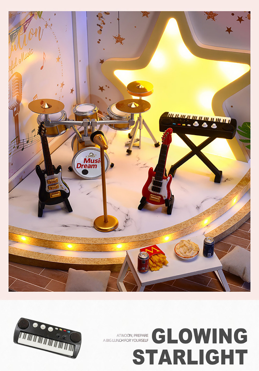 ドールハウス ミニチュア 手作りキット 1/12 ドールのお家サイズ | 家具 楽器 音楽スタジオ 撮影セット ギター LEDライト+アクリルケース