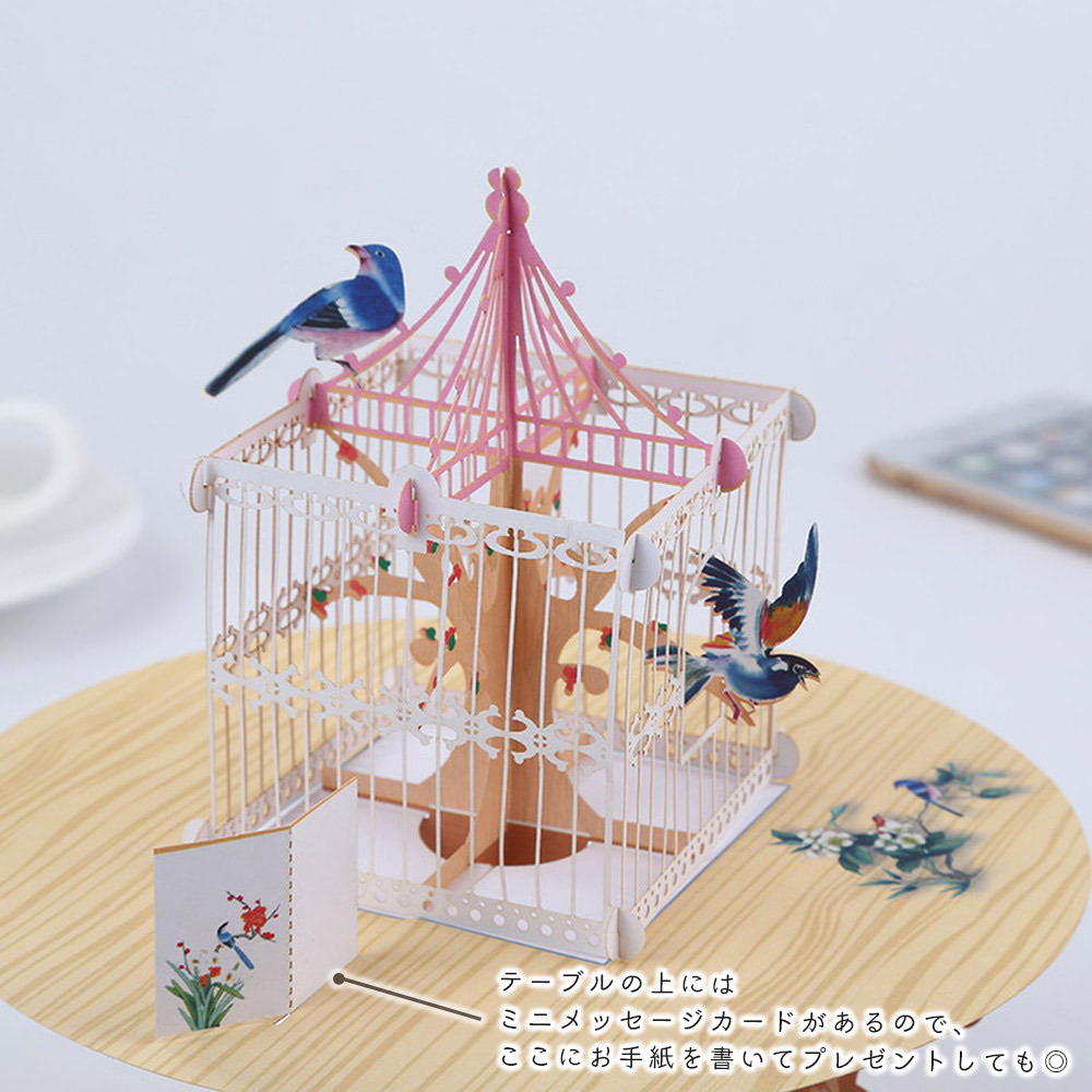 鳥 インコ メッセージカード 3D 立体 飛び出す / テーブルの上の小鳥 