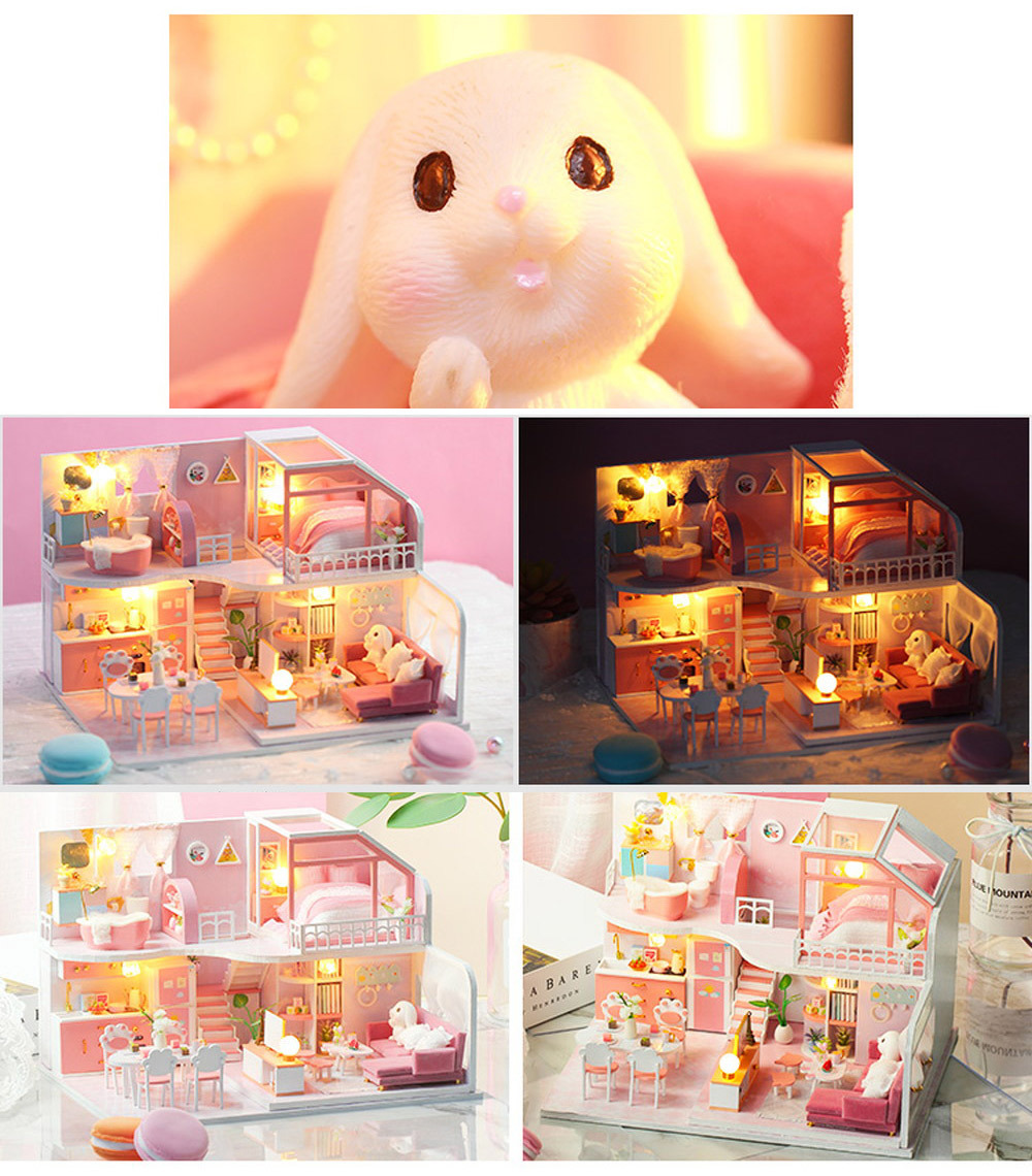 1/24 ドールハウス ミニチュア 手作りキット 英語説明書 肉球 猫 ピンク うさぎ (ミチーノ) | LEDライト+アクリルケース+フィギュア