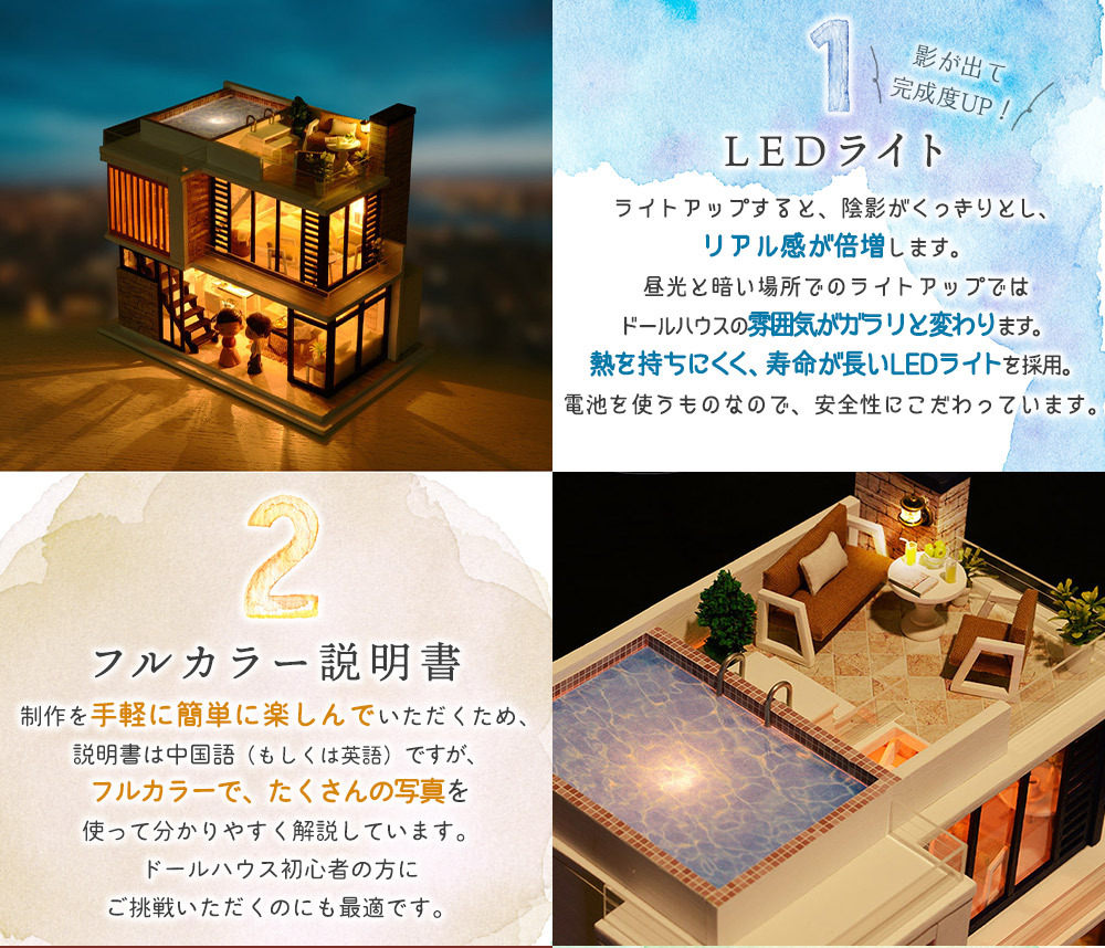1/24 ドールハウス ミニチュア 手作りキット 英語説明書 モダン 二階