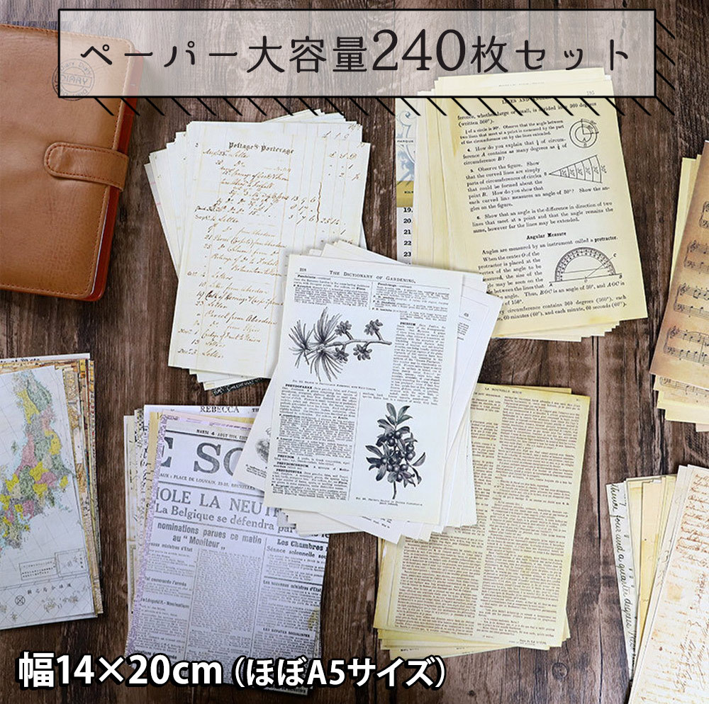 紙 ペーパー ラッピング コラージュ 素材 8種 (1種@15種×2枚ずつ×8種＝120種 240枚) レトロ おしゃれ 新聞 草花図鑑 楽譜 手紙  :2108pe1:ドールハウスと雑貨 moin moin - 通販