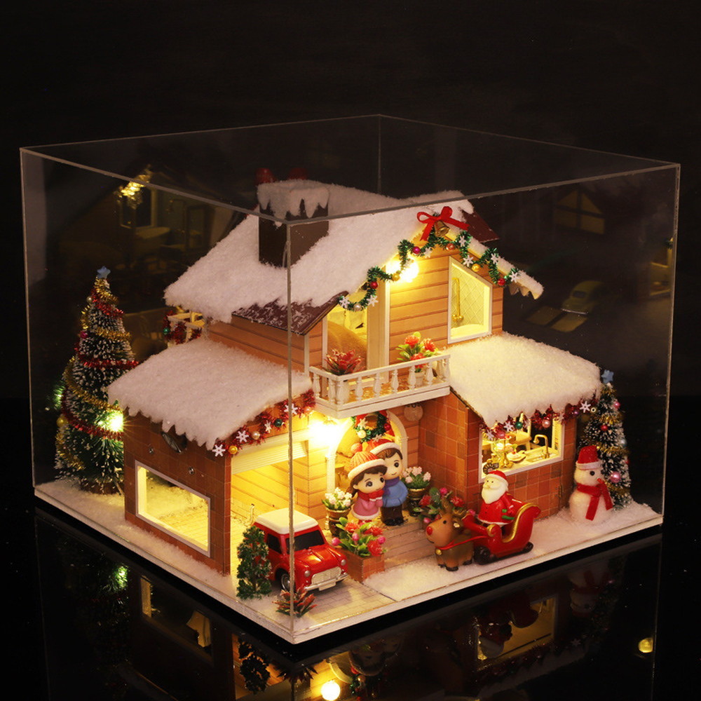 1/24 ドールハウス ミニチュア 手作りキット 英語説明書 雪が降りしきる日の一軒家 クリスマス LEDライト+アクリルケース+フィギュア