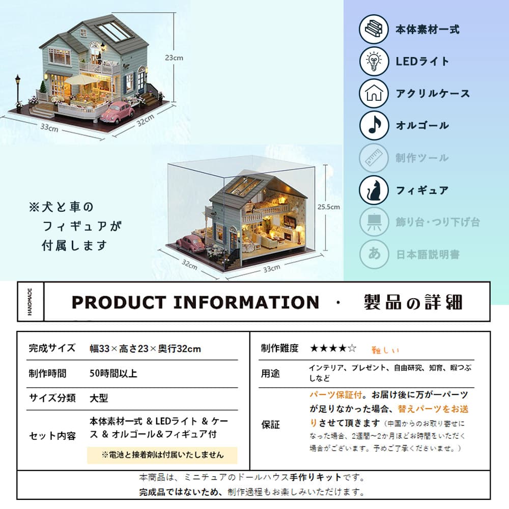 1/24 ドールハウス ミニチュア 手作りキット 英語説明書  犬と暮らす田舎の大きな一軒家/LEDライト+オルゴール+わんこフィギュア(2匹)+車+アクリルケース