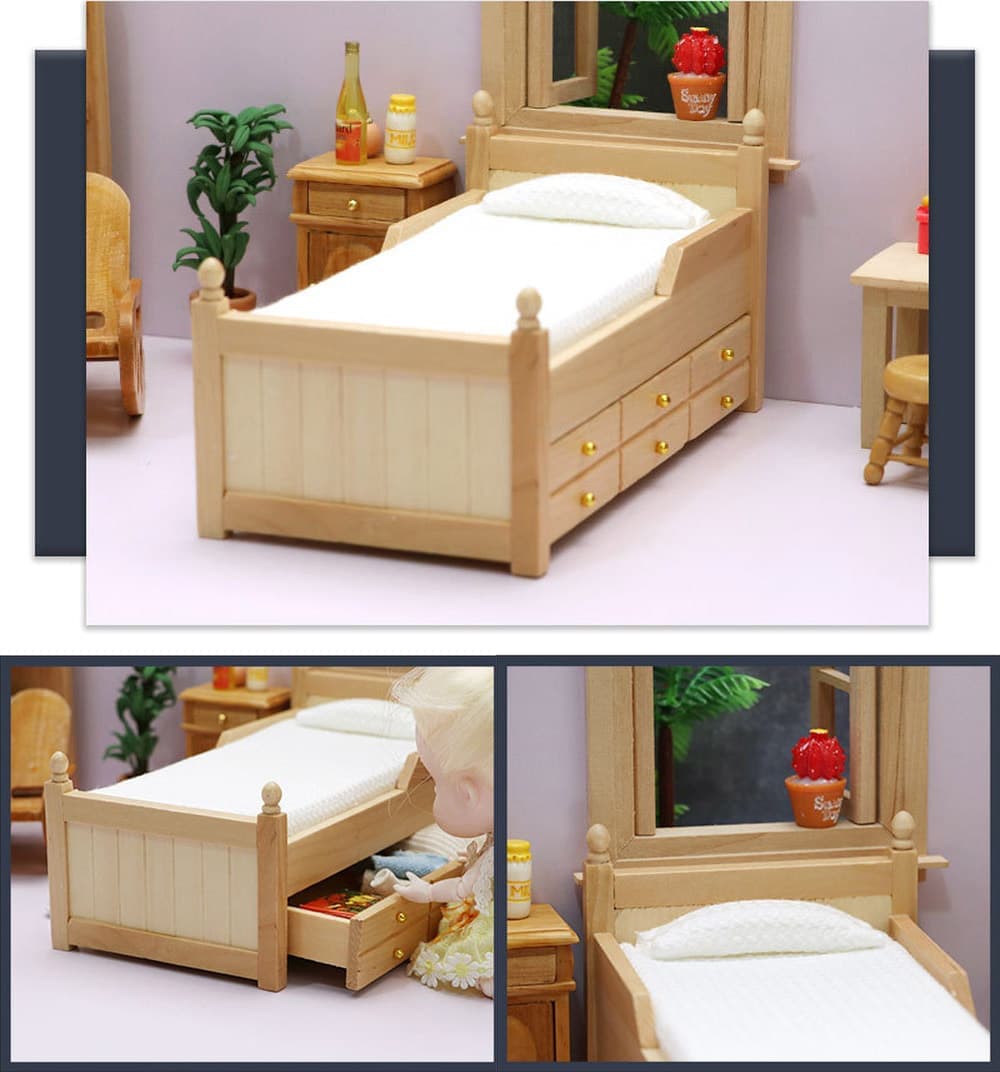 ミニチュア　豪華なベッド　木製 ミニチュア家具 1/12 1:12 ドールハウス 収納 引き出し 可動 ベッド