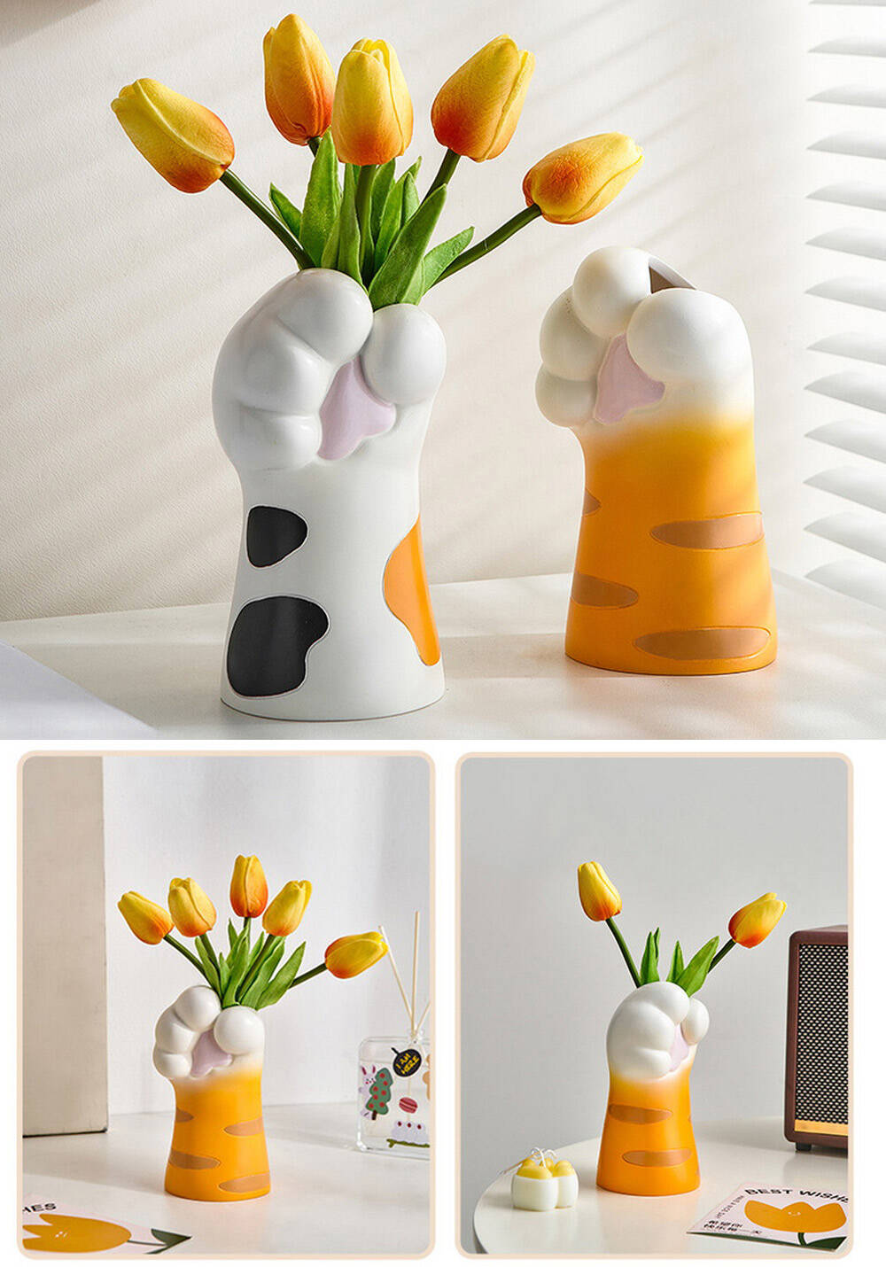 フラワーベース持つ 猫 肉球 デザイン 手 造花 ドライフラワー