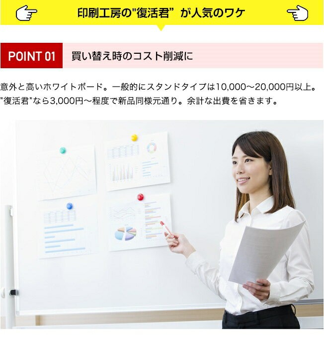 スタンドタイプ、壁掛けタイプ、ホーロータイプなどどのようなタイプにも使用でき、『A4』『A3』『600×900mm』『1200×1800mm』といった一般的なホワイトボードのサイズがそろっています。 width=