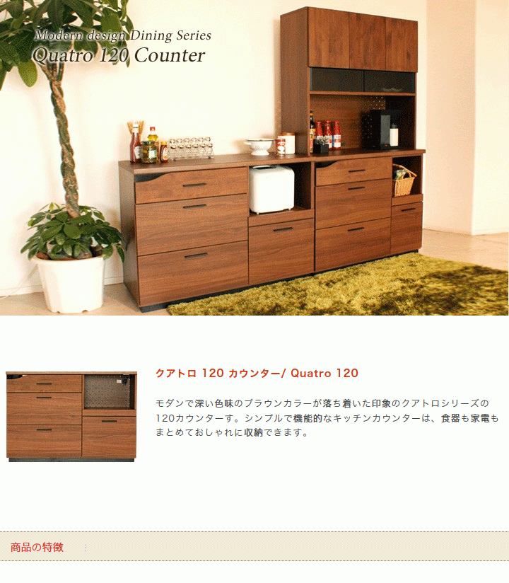 QUATRO クアトロ キッチンカウンター 幅120 完成品 レンジ台 キッチン収納 クアトロ 120カウンター 開梱設置 : 大川家具