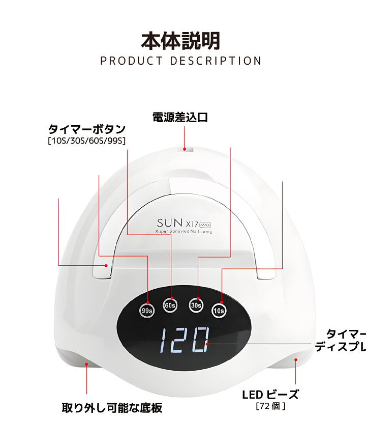 Faerie ジェルネイル ライト ネイルライト 72LEDs 優しい赤LEDライト