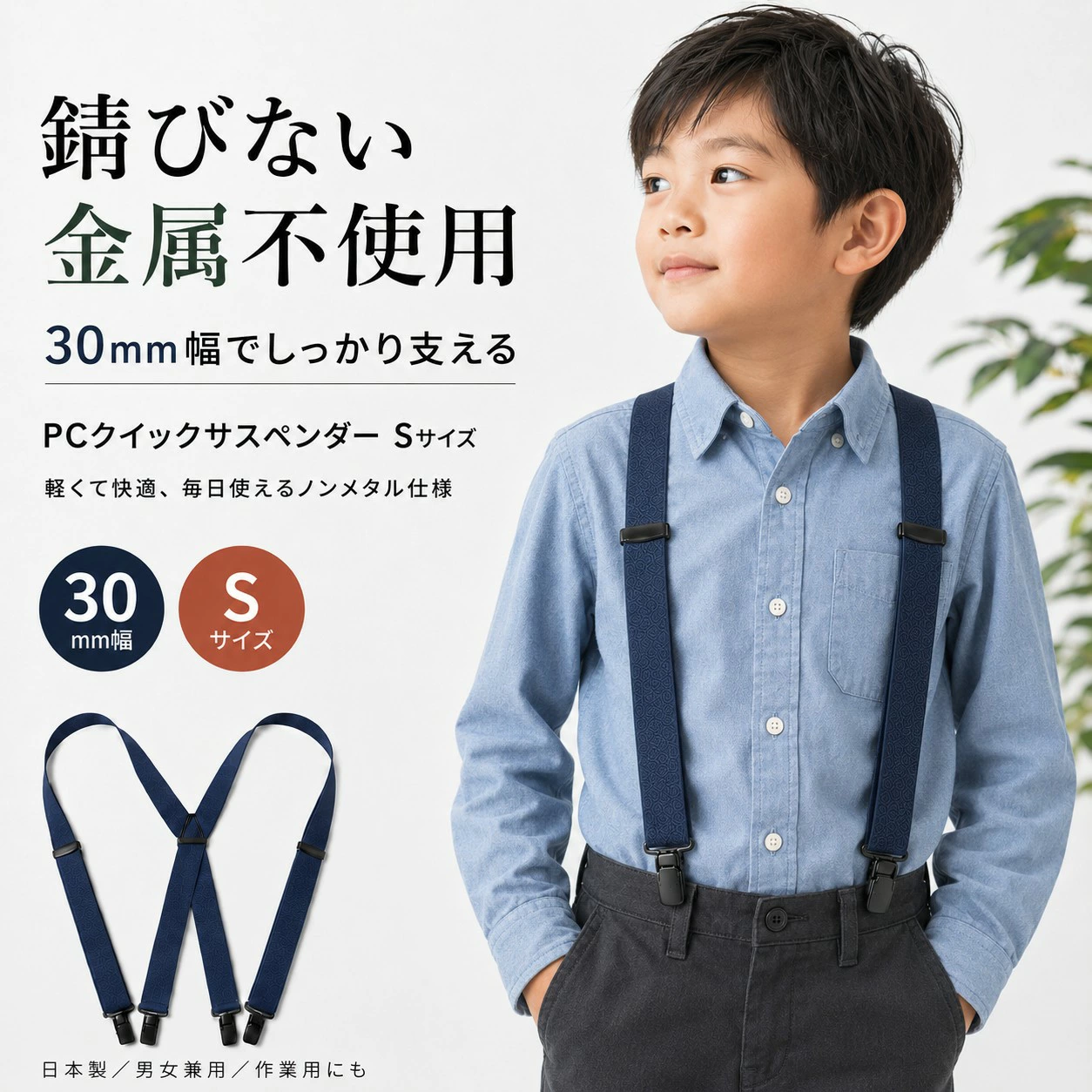 サスペンダー キッズ用 Sサイズ 30mm幅 PC樹脂クリップ | パンツ