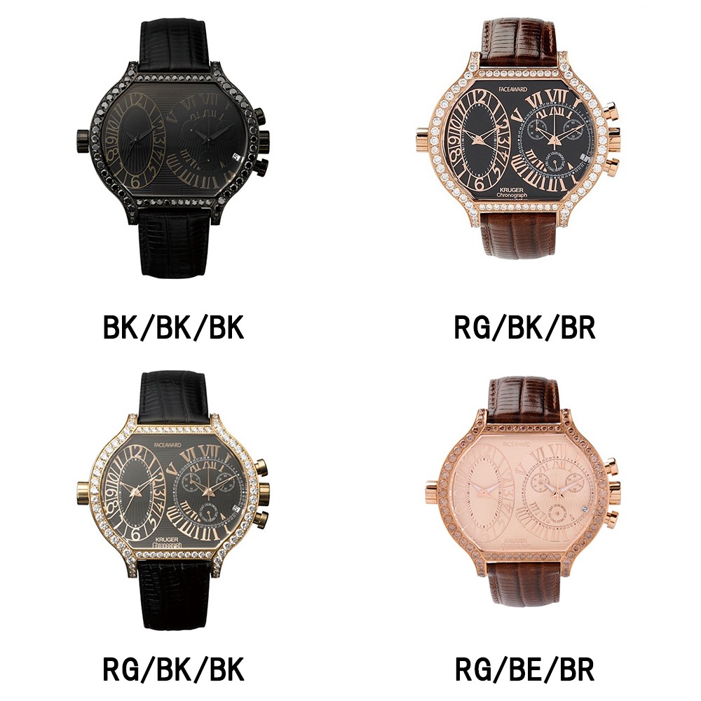 売上倍増FACEAWARD KRUGER 腕時計　クォーツ　クロコ型押し　ブラック 時計