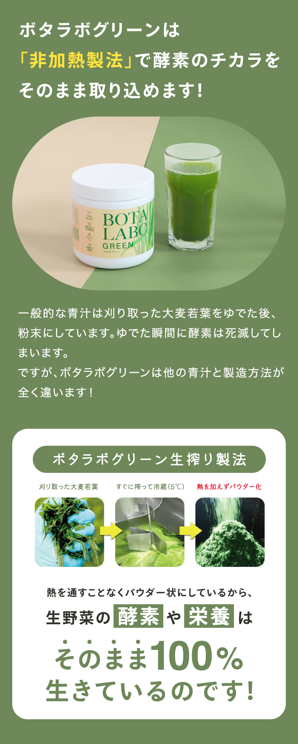 ボタラボグリーンは「非加熱製法」で酵素のチカラをそのまま取り込めます。一般的な青汁は刈り取った大麦若葉をゆでた後、粉末にしています。ゆでた瞬間に酵素は死滅してしまいます。ですが、ボタラボグリーンは他の青汁と製造方法が全く違います！熱を通すことなくパウダー状にしているから、生野菜の酵素や栄養はそのまま100％生きているのです！