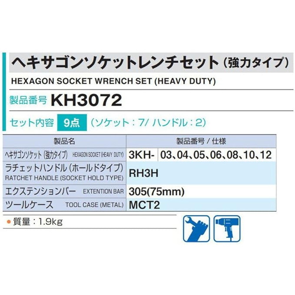TONE（トネ） ヘキサゴンソケットレンチセット(強力タイプ) KH3072 差