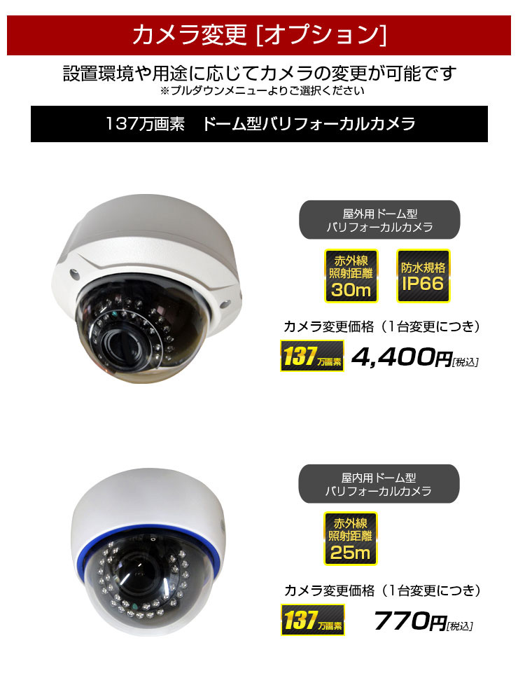 防犯カメラ セット AHD 1 2 3 4台 屋外 XVR 137万画素 IP 選べるカメラ 