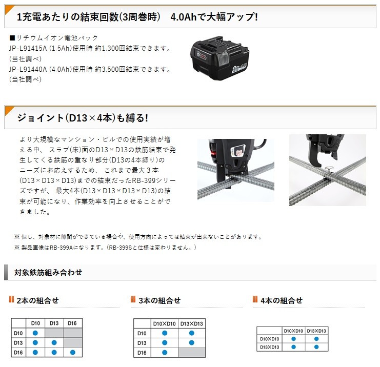 マックス MAX 鉄筋結束機 RB-399S (14.4V) (D10×D10〜D13×4を