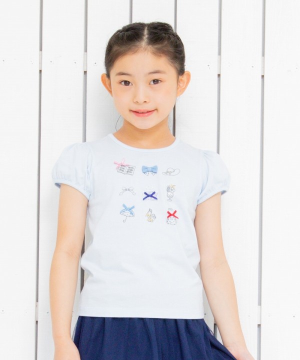 子供服 女の子 Tシャツ 半袖 普段着 通学着 綿100％ アクセサリー 小物 プリントリボン パフ...