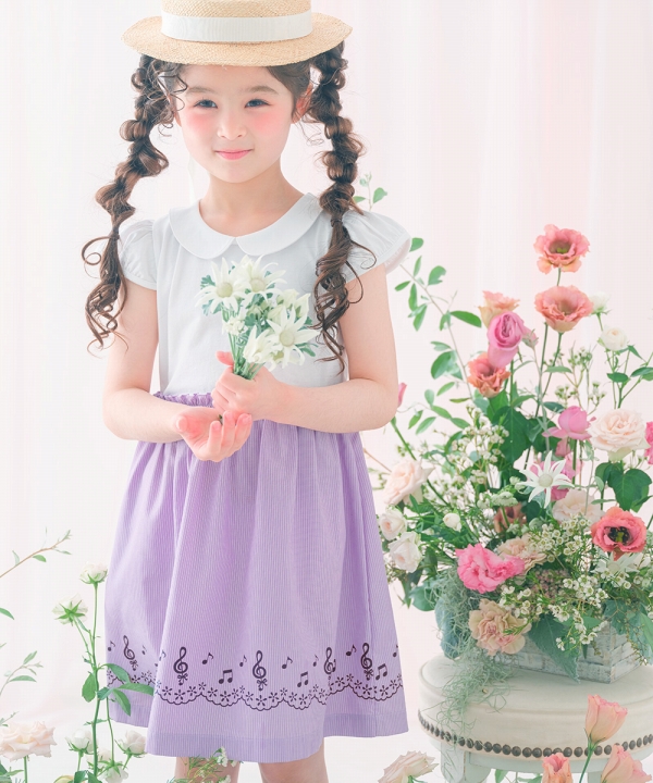 MOONONNON（むーのんのん） 子供服 女の子 ストライプ柄 音符 襟付き