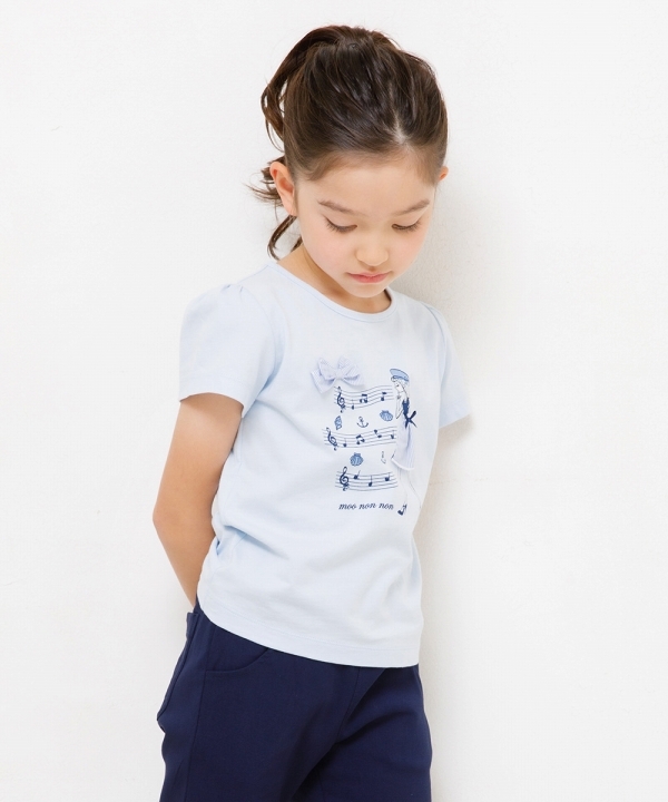 子供服 女の子 Tシャツ 半袖 普段着 通学着 綿100％リボン付き音符