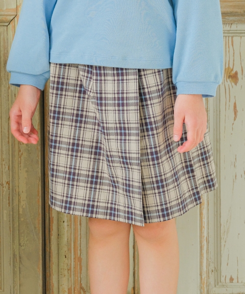 子供服 女の子 キュロット 膝丈 普段着　通学着　綿100％オリジナルチェック柄スカート風キュロットパンツ ベージュ 杢グレー むーのんのん  moononnon