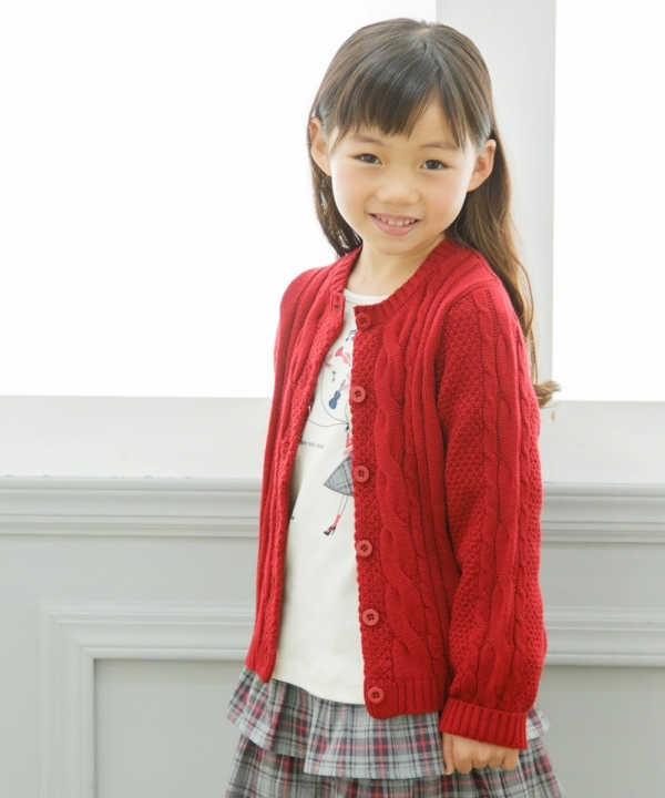 赤色　ニット　110cm　ケーブル編みと花柄刺繍がかわいい◎