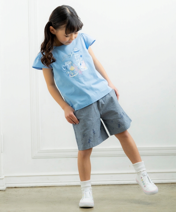 子供服 女の子 Tシャツ 半袖 普段着 通学着 綿100％貝殻＆音符ガラス瓶プリントリボン付き マリンテイスト オフホワイト ブルー むーのんのん  moononnon :5224631:MOONONNON 通販 