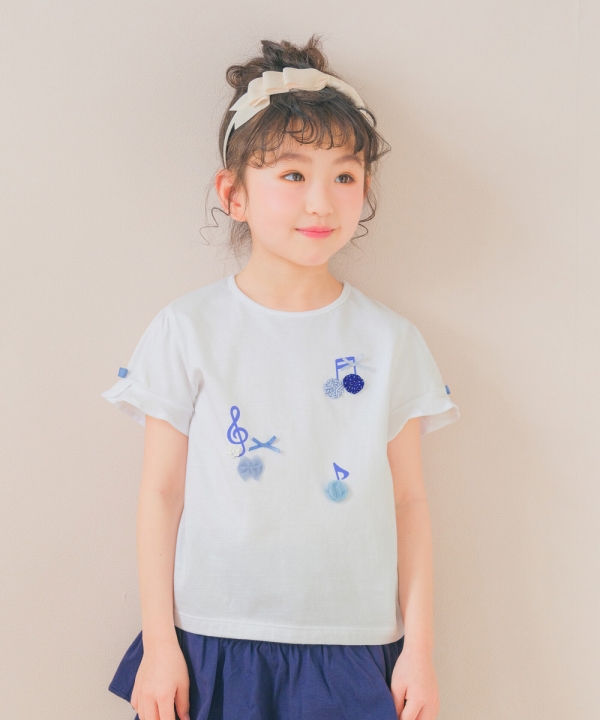 送料無料 子供服 女の子 Tシャツ 春夏 半袖 キッズ ベビー 綿100％ コットン リボン 音符 フリル ショッキングピンク オフホワイト むーのんのん moononnon｜moononnon｜03