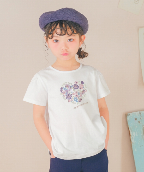 送料無料 子供服 女の子 Tシャツ 春夏 半袖 キッズ ベビー 綿100％ コットン 花 ハート リボン ロゴ プリント グリーン オフホワイト むーのんのん moononnon｜moononnon｜03