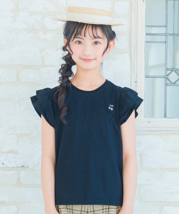 送料無料 子供服 女の子 Tシャツ 春夏 半袖 子ども服 こども服 キッズ ジュニア 綿100％ コットン さくらんぼ チェリー 刺繍 フリル 袖 むーのんのん moononnon｜moononnon｜02