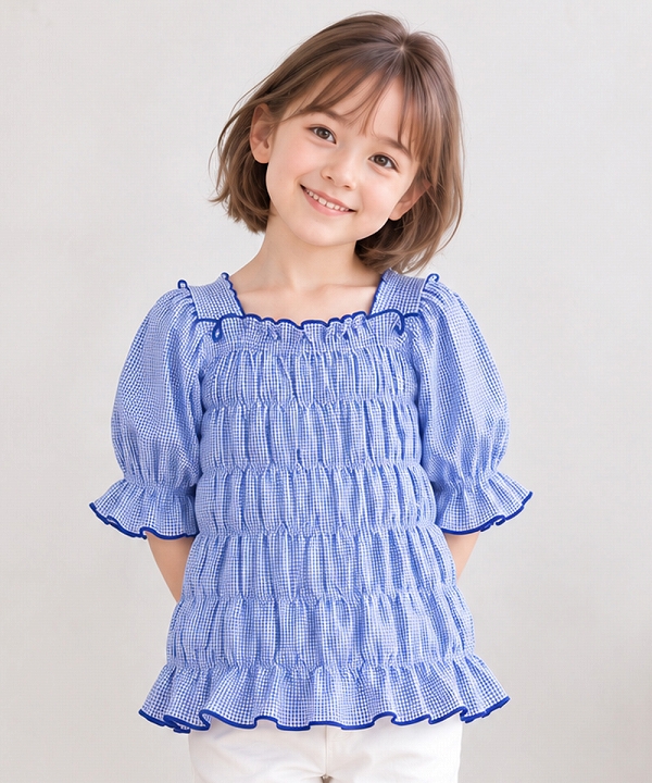★希少★45rpm フリルシャツ　ギンガムチェック　ロゴ刺繍　ブルー　コットン MOONONNON（むーのんのん） 子供服 女の子 Tシャツ 夏服 半袖 ギンガム