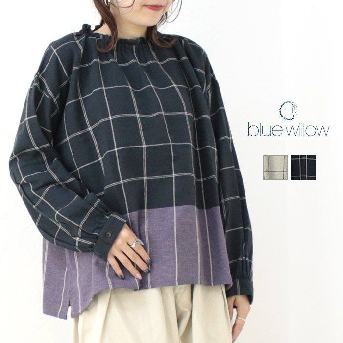 ブルーウィロー blue willow コットンリネンパネルCH起毛フリルブラウス 01DWP11508 トップス 長袖 パネルチェック レディース /返品・交換不可/SALE セール | 