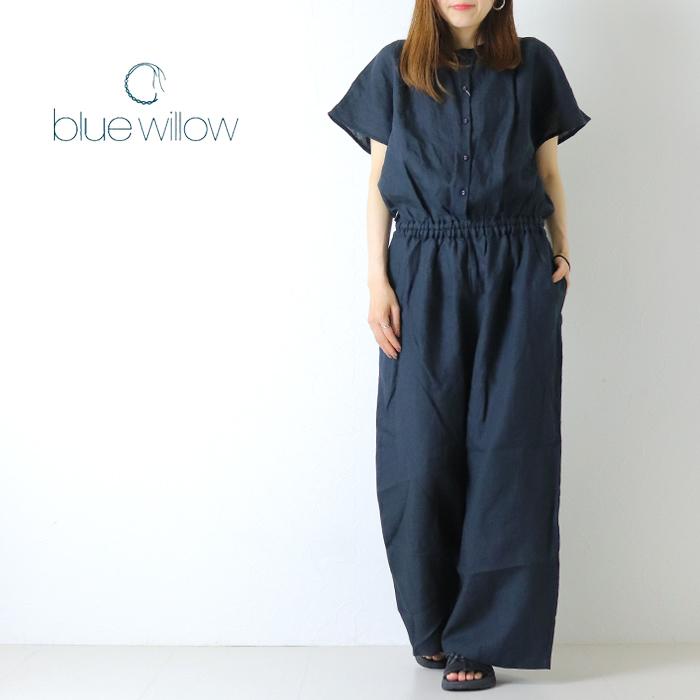 ネイビー 半袖 サロペット オールインワン　リネン ブルーウィロー blue willow リネン平織りオールインワン 01FUP14238