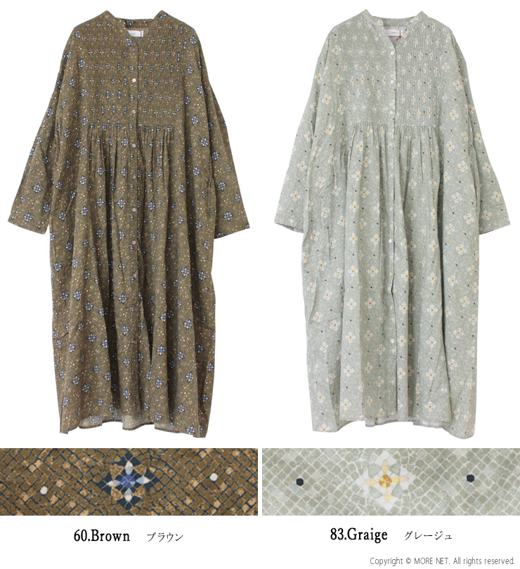 ヤラ YARRA INDIAプリントピンタックワンピース 1544-212 オリジナルプリント ロング丈 インド製 レディース YARRA（ヤラ） YARRA INDIAプリントピンタックワンピース 1544-212