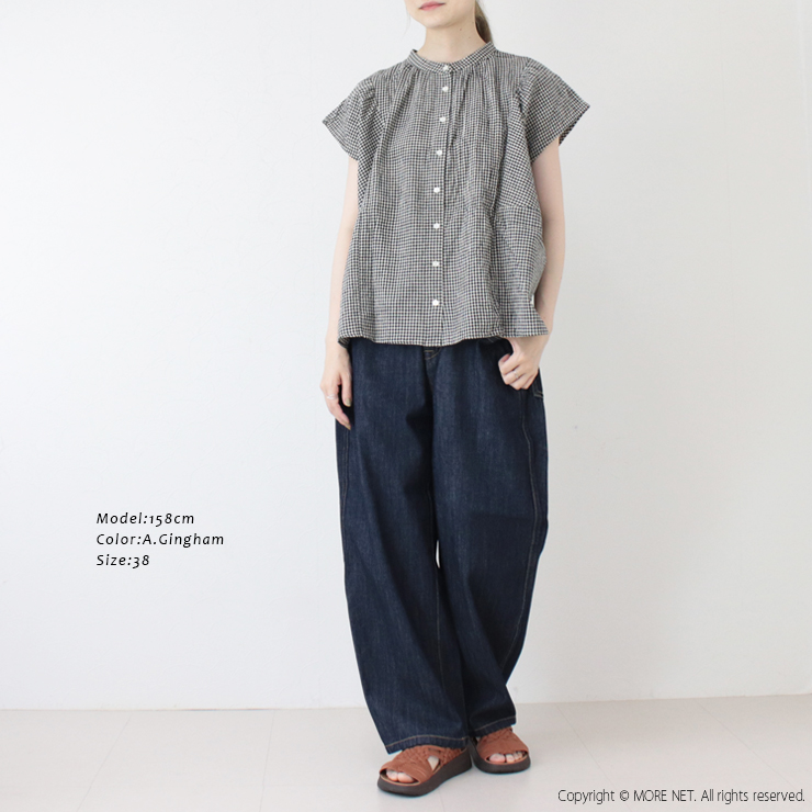 イナ ina  胸ギャザー2WAYブラウス 252116 トップス 半袖 ギンガムチェック ワイド 前後2WAY 日本製 レディース 2025春夏 |  | 03