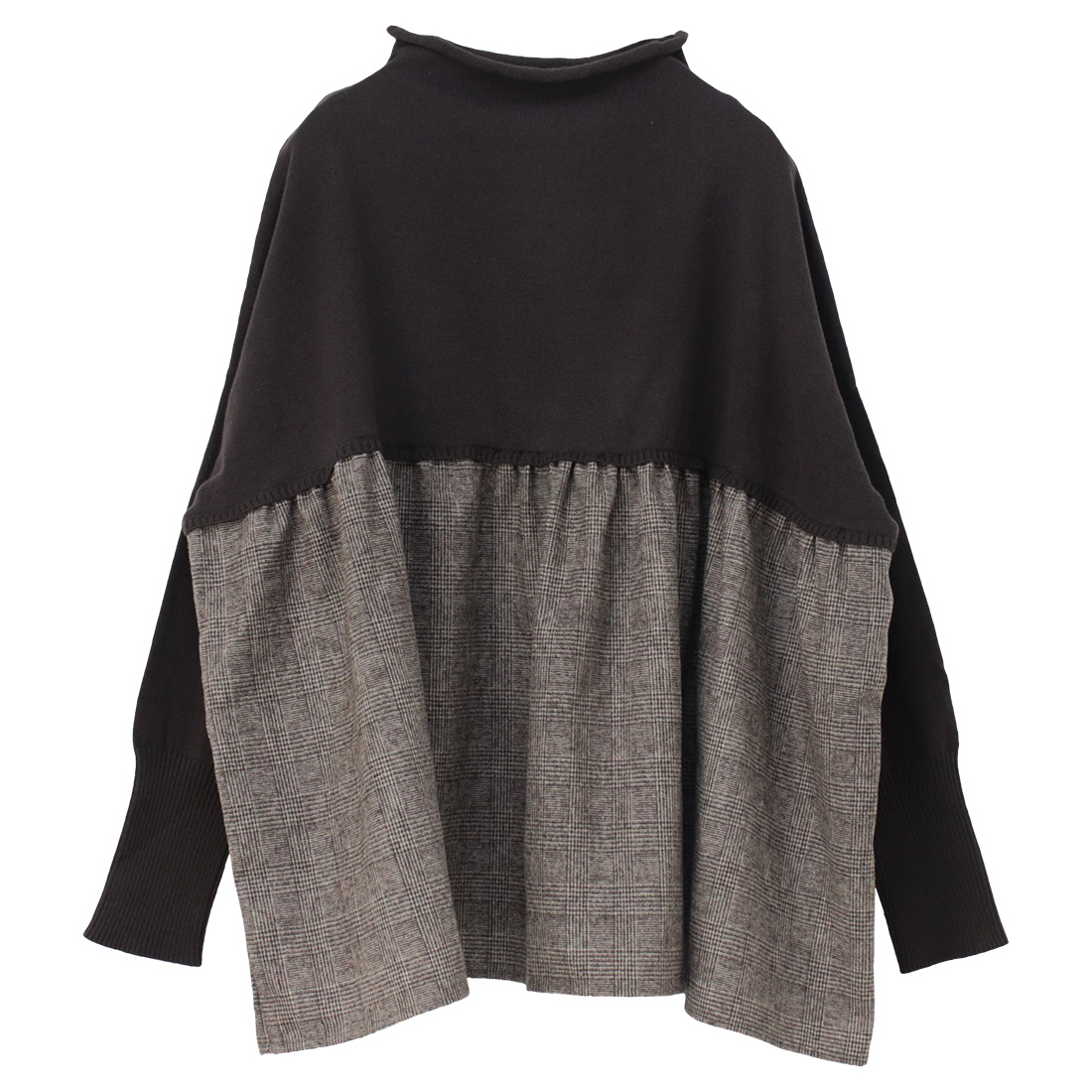 SALE セール/マオメイド mao made コットン×グレンチェックモックネックギャザーたっぷりプルオーバー451101 トップス 切替 レディース /返品・交換不可 | mao made | 01