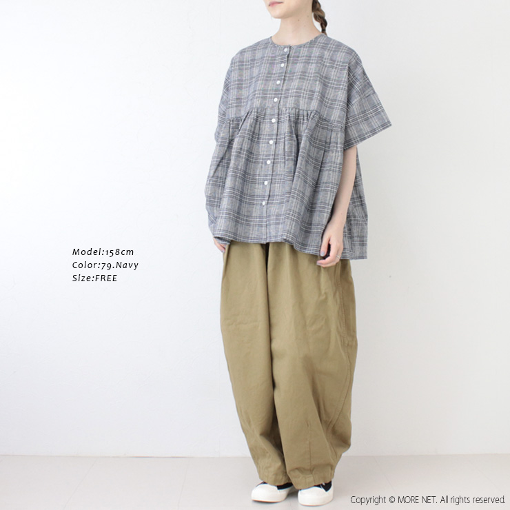 マオメイド mao made 洗いざらしグレンチェック2WAYギャザーたっぷりブラウス 521307 トップス 5分袖 コットンリネン レディース 2025春夏 | mao made | 03