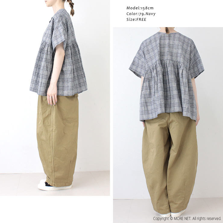 マオメイド mao made 洗いざらしグレンチェック2WAYギャザーたっぷりブラウス 521307 トップス 5分袖 コットンリネン レディース 2025春夏 | mao made | 04