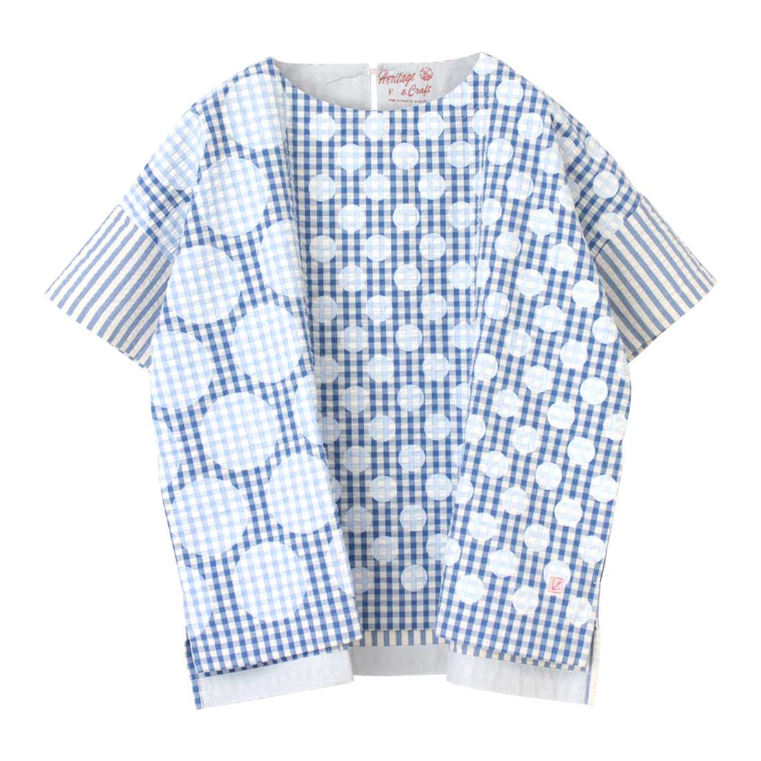 快晴堂 かいせいどう Girl's インディゴサッカーに水玉ミックス水玉半袖Tシャツ 52S-01 日本製 プルオーバー ドット 総柄 トップス レディース 2025春夏 | 快晴堂 | 01