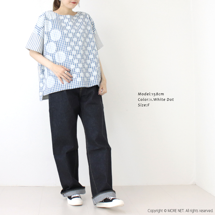 快晴堂 かいせいどう Girl's インディゴサッカーに水玉ミックス水玉半袖Tシャツ 52S-01 日本製 プルオーバー ドット 総柄 トップス レディース 2025春夏 | 快晴堂 | 05