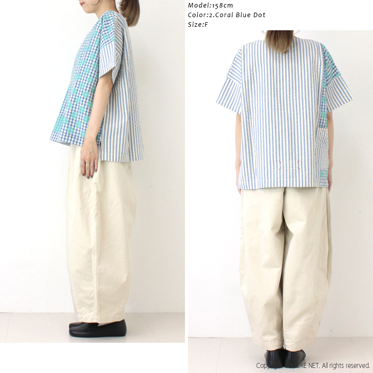 快晴堂 かいせいどう Girl's インディゴサッカーに水玉ミックス水玉半袖Tシャツ 52S-01 日本製 プルオーバー ドット 総柄 トップス レディース 2025春夏 | 快晴堂 | 06