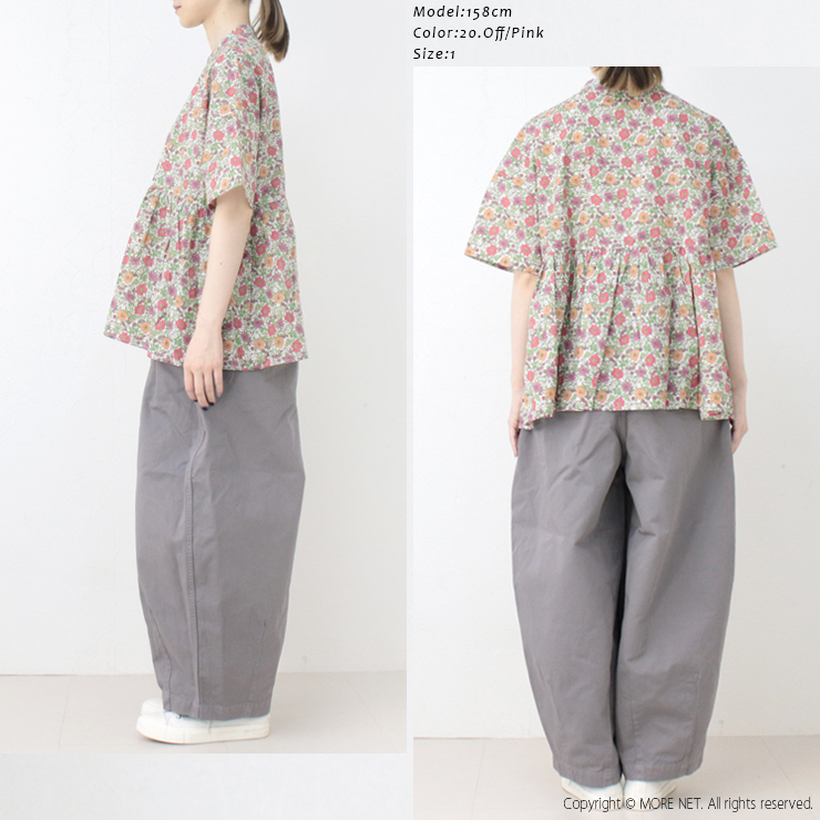 ナル NARU ボタニカルフラワープリントローンギャザーシャツ 663901 日本製 ブラウス 半袖 花柄 バンドカラー トップス レディース 2025春夏 | NARU | 06