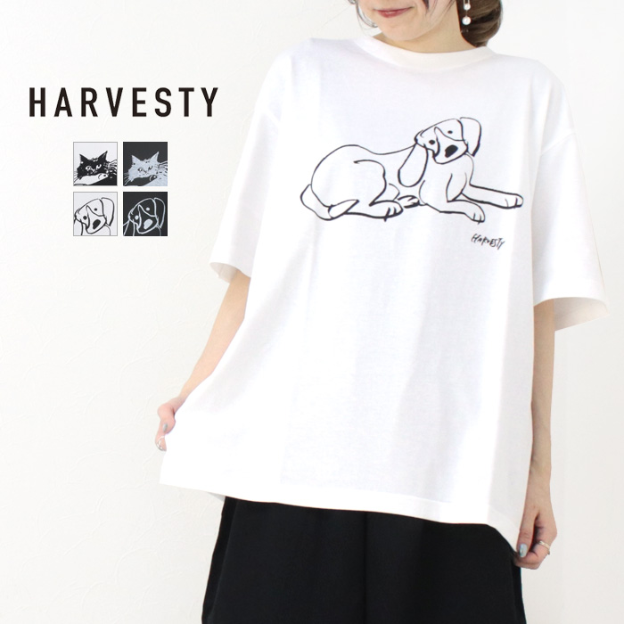ハーベスティ HARVESTY プリントボックスT/PRINTED BOX TEE A52505/A52506 トップス Tシャツ 犬 猫 イラスト 半袖 コラボ レディース メンズ 男女兼用 2025春夏 | HARVESTY