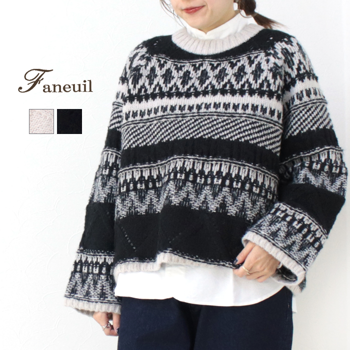 SALE セール/ファヌル Faneuil クルーネックニットプルオーバー F-4124439 セーター 幾何学模様 総柄 ワイド ショート 長袖 トップス /返品・交換不可