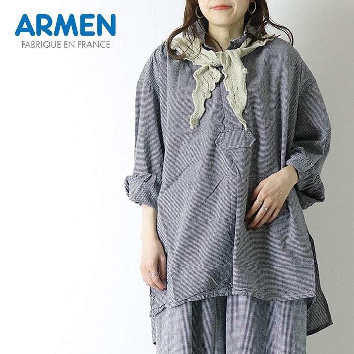 ARMEN（アーメン） シアサッカーギンガムチェックワークギャザーシャツ