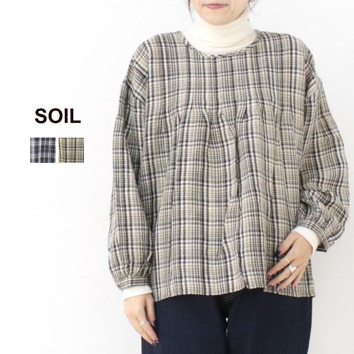 ソイル SOIL ウールリネンチェッククルーネックピンタックシャツ INSL24712 トップス 長袖 インド製 レディース | SOIL(ファッション)