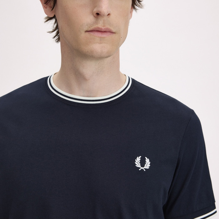 Fre Perryネイビー リブ付き Tシャツ 半袖 FRED PERRY（フレッドペリー） ツインティップラインTシャツ M1588