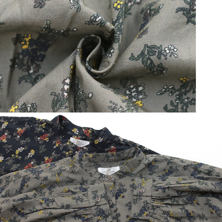 SOIL（ソイル） ポプリンフラワープリントバンドカラーギャザーシャツ